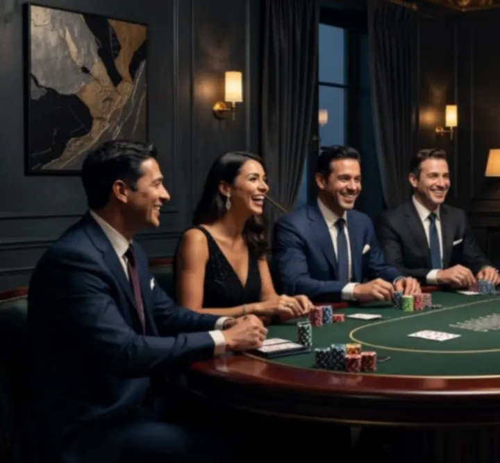 Goście firmowego wydarzenia integrujący się przy stole pokerowym